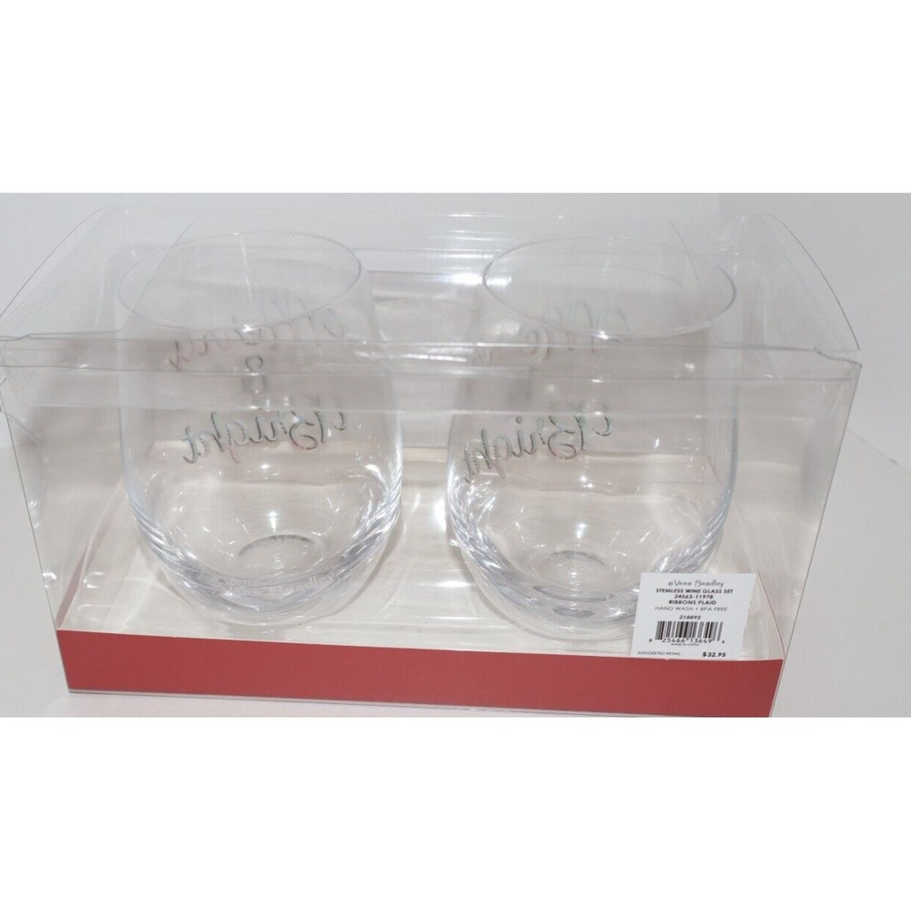 NEW VERA BRADLEY Christmas Holiday Wine Glasses Stemless Set Merry & Bright - Picture 4 of 7